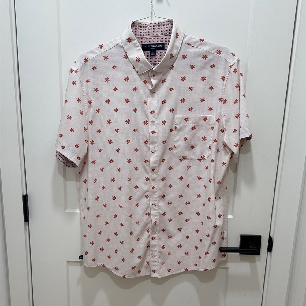Mizzen+Main White Shirt with Red-Orange Flower Pattern
